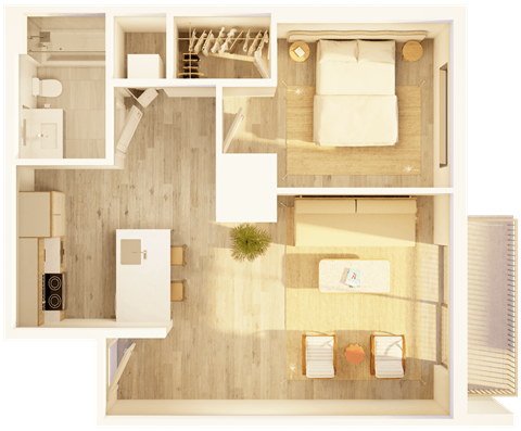 Floor plan for 1 bed, 1 bath, 659 sqft
